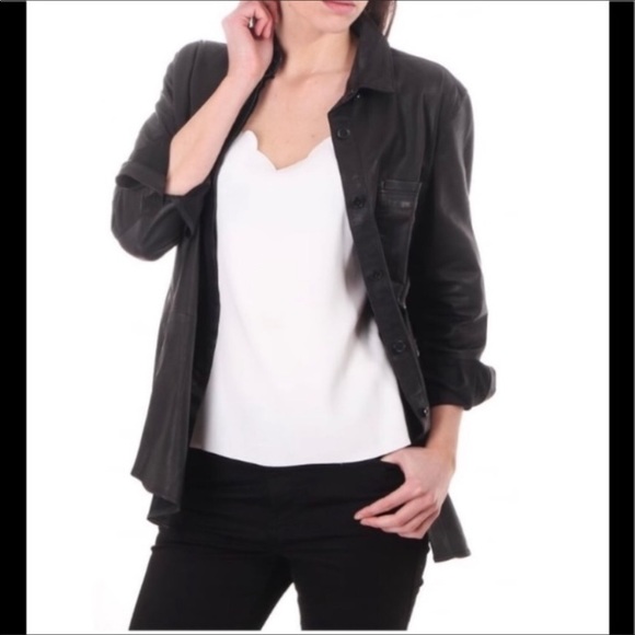 Samsoe & Samsoe jacket Womens XXS Black Leather oversized button down shirt - Picture 1 of 7